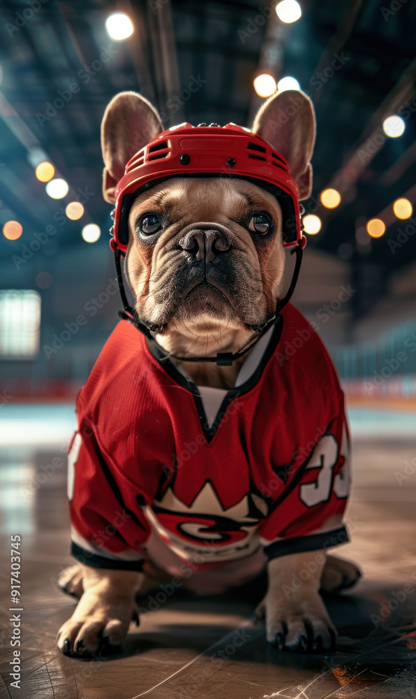 Dog wearing an ice hockey player jersey, ice hockey arena interior. Dog wearing an ice hockey player jersey, ice hockey arena interior.