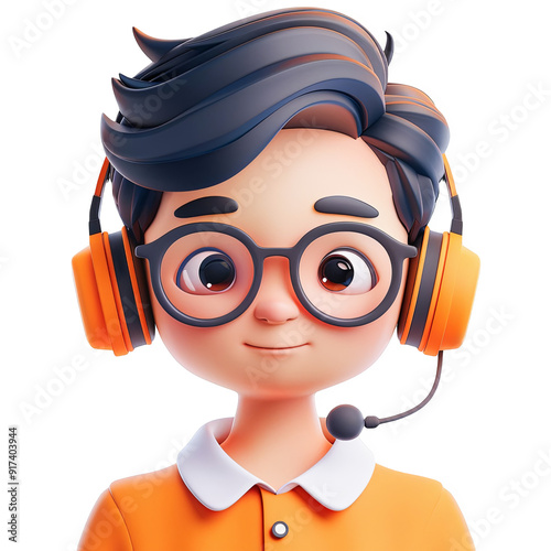 3D Render of Cute Boy Wearing Headset and Glasses, Customer Service Representative, Online Gaming Avatar, Friendly Tech Support Character, Adorable Boy with Headset