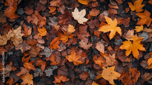 Autumn forest background with fallen leaves on the ground.