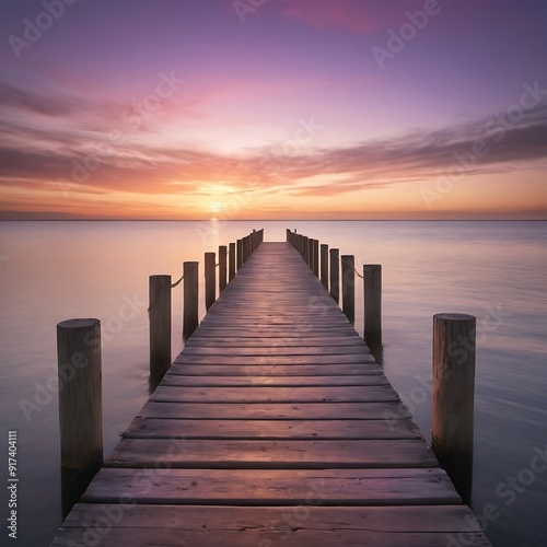 A weathered wooden pier jutting out into a calm ocean at sunset. The warm light of the setting sun casts a golden glow on the water and the pier, and the sky is ablaze with vibrant colors