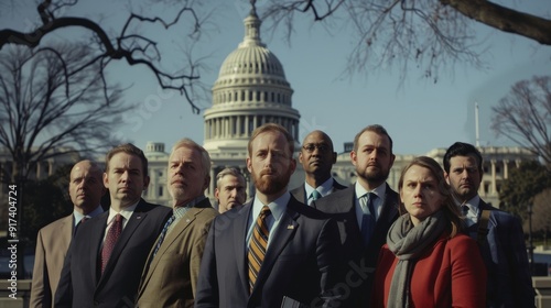 A determined group of people standing united in front of a majestic government building, exuding a strong sense of purpose and solidarity. photo