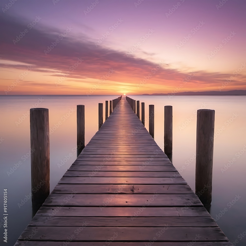 Fototapeta premium A weathered wooden pier jutting out into a calm ocean at sunset. The warm light of the setting sun casts a golden glow on the water and the pier, and the sky is ablaze with vibrant colors