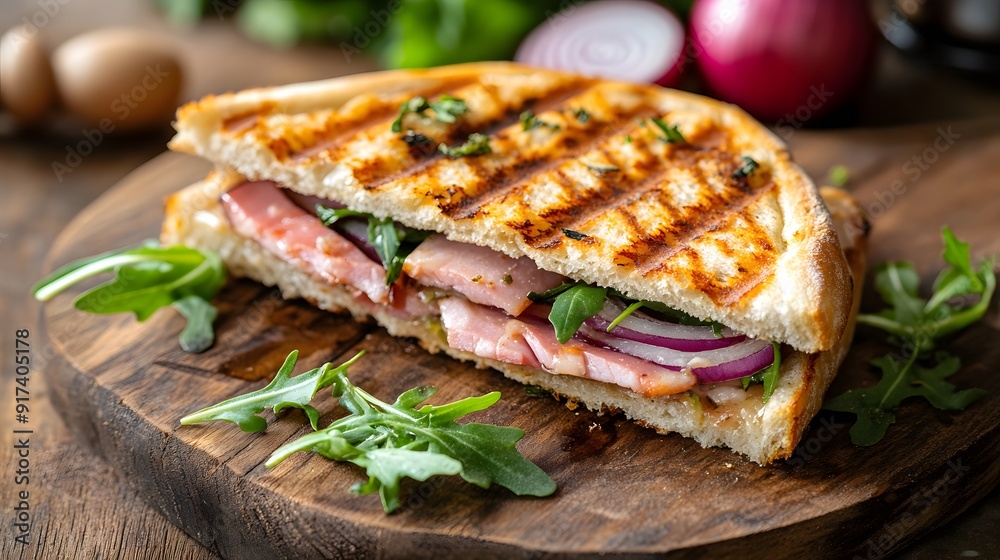 A golden-brown panini with ham, red onion and arugula is cut in half and sitting on an old wooden board A golden-brown panini with ham, red onion and arugula is cut in half and sitting on an old wooden board
