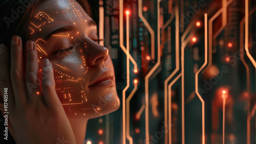 Close up portrait of young woman face with neon lines and symbols on her skin and tech lines in the background. Modern Ai technology and beauty concept. Wide format with a place for text and logo