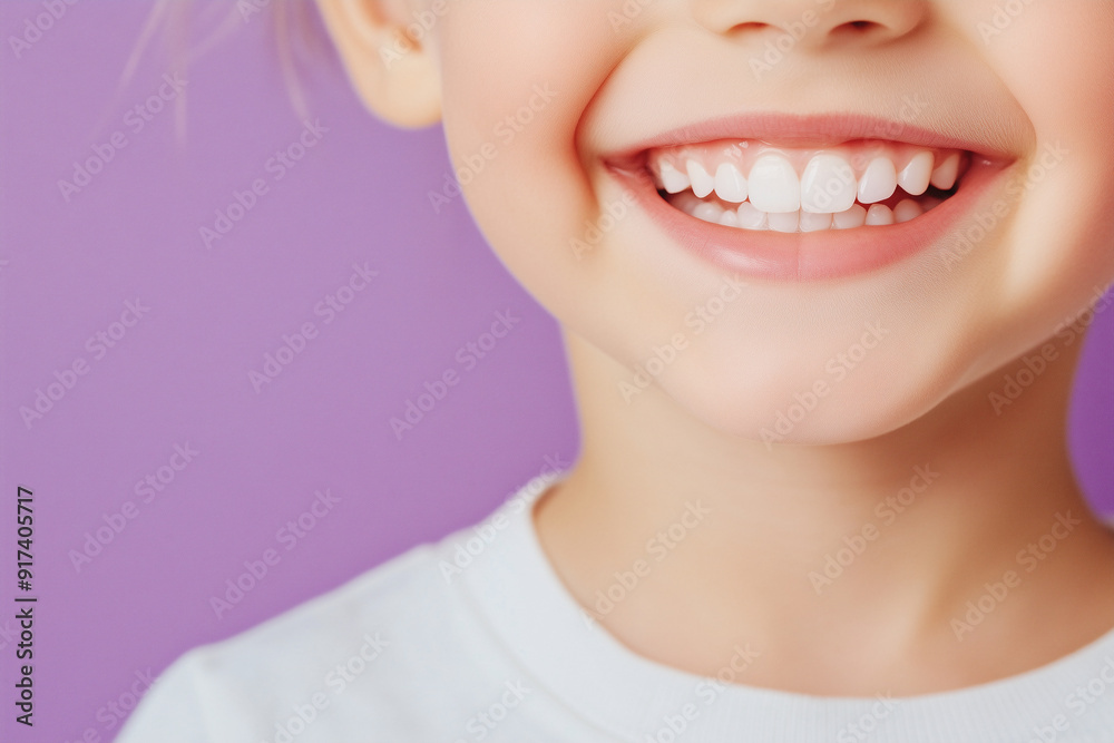 Close up of a beautiful little child's smile with white teeth on a purple background. Header image with space for text. Close up of a beautiful little child's smile with white teeth on a purple background. Header image with space for text.