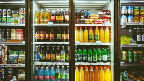 Wallpaper Mural A well-stocked beverage fridge in a convenience store, featuring an array of bottled drinks neatly organized, ready for customers. Torontodigital.ca
