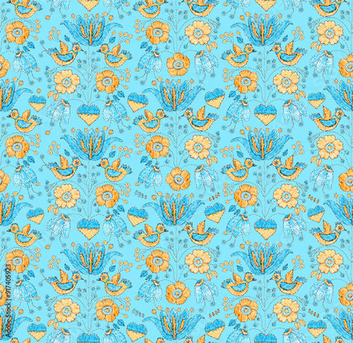 Hand drawn with felt-tip pens Tree of life growing from the Ukrainian heart, fairy tale flowers, leaves, birds. Seamless pattern on a blue background