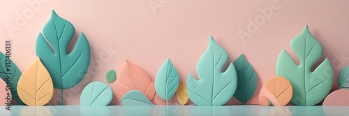 Paper leaves in pink, blue, and yellow against blue background, suitable for springthemed designs, scrapbooking projects, and naturerelated concepts. photo