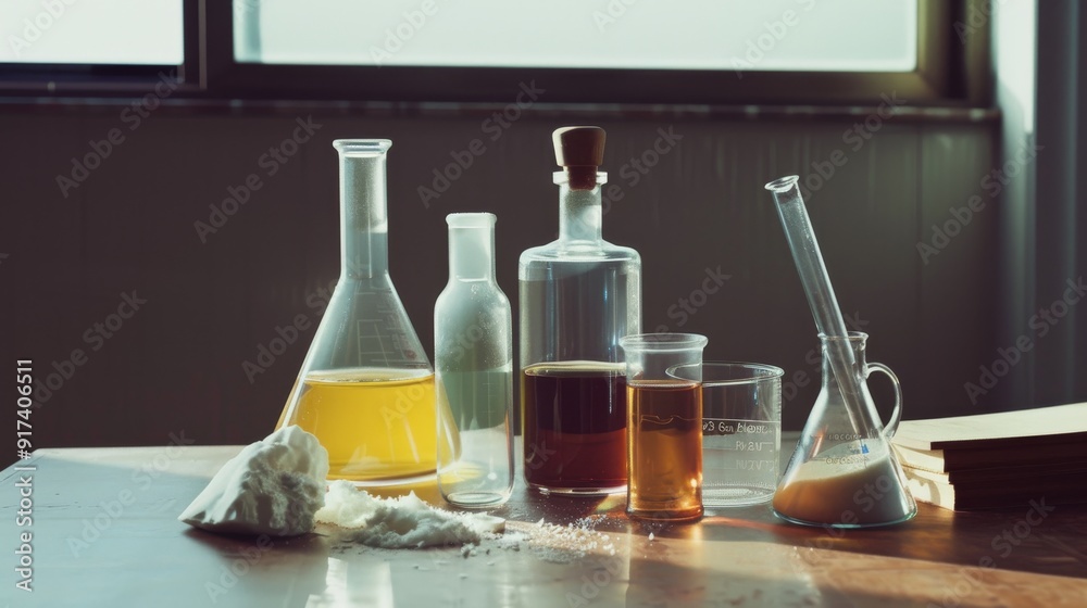 A well-lit laboratory table displaying various scientific glassware filled with different colored liquids, alongside a few scattered piles of white powder. A well-lit laboratory table displaying various scientific glassware filled with different colored liquids, alongside a few scattered piles of white powder.