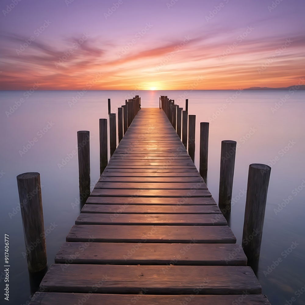 A weathered wooden pier jutting out into a calm ocean at sunset. The warm light of the setting sun casts a golden glow on the water and the pier, and the sky is ablaze with vibrant colors A weathered wooden pier jutting out into a calm ocean at sunset. The warm light of the setting sun casts a golden glow on the water and the pier, and the sky is ablaze with vibrant colors