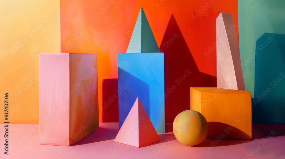 An arrangement of colorful geometric shapes with sharp shadows against a vibrant background, creating a visually pleasing abstract composition. An arrangement of colorful geometric shapes with sharp shadows against a vibrant background, creating a visually pleasing abstract composition.