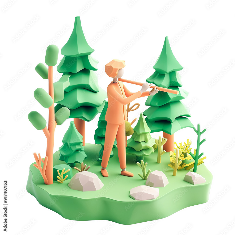 Fototapeta premium 3D Illustration of Person Playing Flute in Lush Green Forest Surrounded by Trees and Nature PNG Graphic Element Design Resource