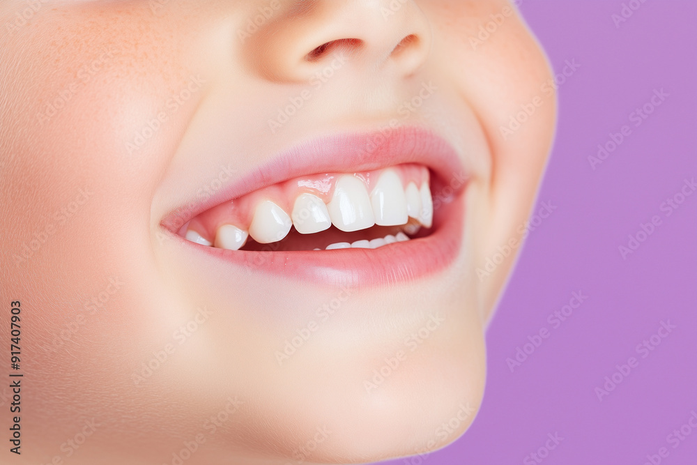 Close up of a beautiful little child's smile with white teeth on a purple background. Header image with space for text. Close up of a beautiful little child's smile with white teeth on a purple background. Header image with space for text.