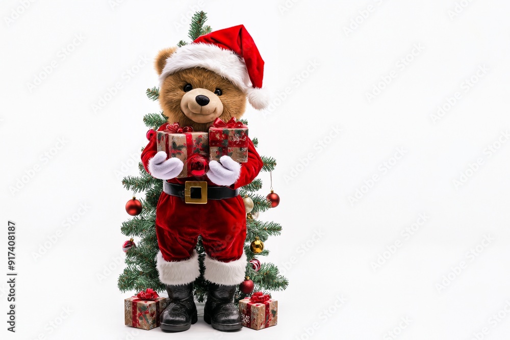 Teddybär Weihnachtsmann mit Weihnachtsbaum und Geschenke Grußkarte Design Teddybär Weihnachtsmann mit Weihnachtsbaum und Geschenke Grußkarte Design