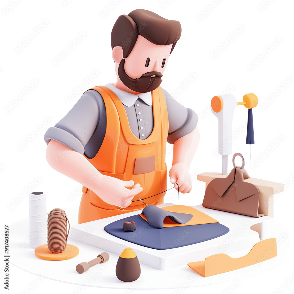 3D Illustration of Shoemaker Crafting Leather Bag in Workshop with Tools and Supplies Around Him 3D Illustration of Shoemaker Crafting Leather Bag in Workshop with Tools and Supplies Around Him