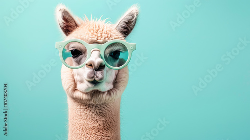 Cute lama alpaca in stylish mint sunglasses isolated on mint background, blank space