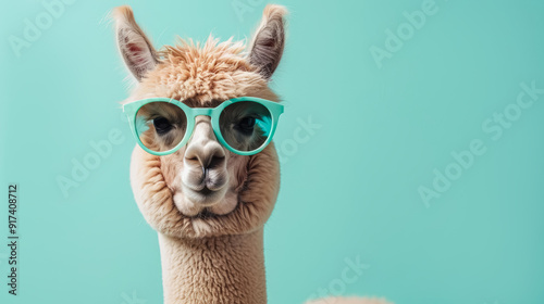 Adorable lama alpaca in stylish mint sunglasses isolated on mint background with copy space