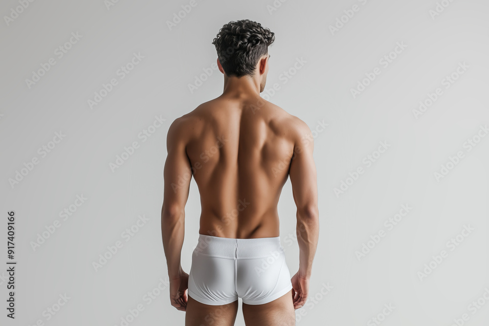 Fototapeta premium Athletic Young Man in White Boxer Briefs Showing Back Muscles, Studio Fitness Shot