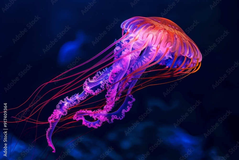 Obraz premium Against the backdrop of the pitch-black night sky, an ethereal jellyfish glows in a vibrant orange hue as it drifts. . Beautiful simple AI generated image in 4K, unique.