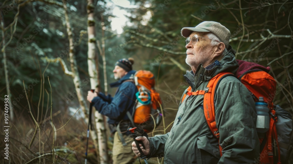 Two older hikers equipped with backpacks navigate the forest, their eyes scanning the serene winter landscape, exuding a sense of adventure and camaraderie. Two older hikers equipped with backpacks navigate the forest, their eyes scanning the serene winter landscape, exuding a sense of adventure and camaraderie.