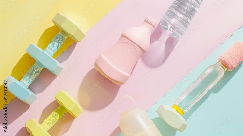 A tidy, pastel-colored display of fitness gear including dumbbells, water bottle, and shaker, highlighting an aesthetically pleasing workout setup. A tidy, pastel-colored display of fitness gear including dumbbells, water bottle, and shaker, highlighting an aesthetically pleasing workout setup.