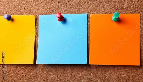 colorful blank sticky notes on cork board photo