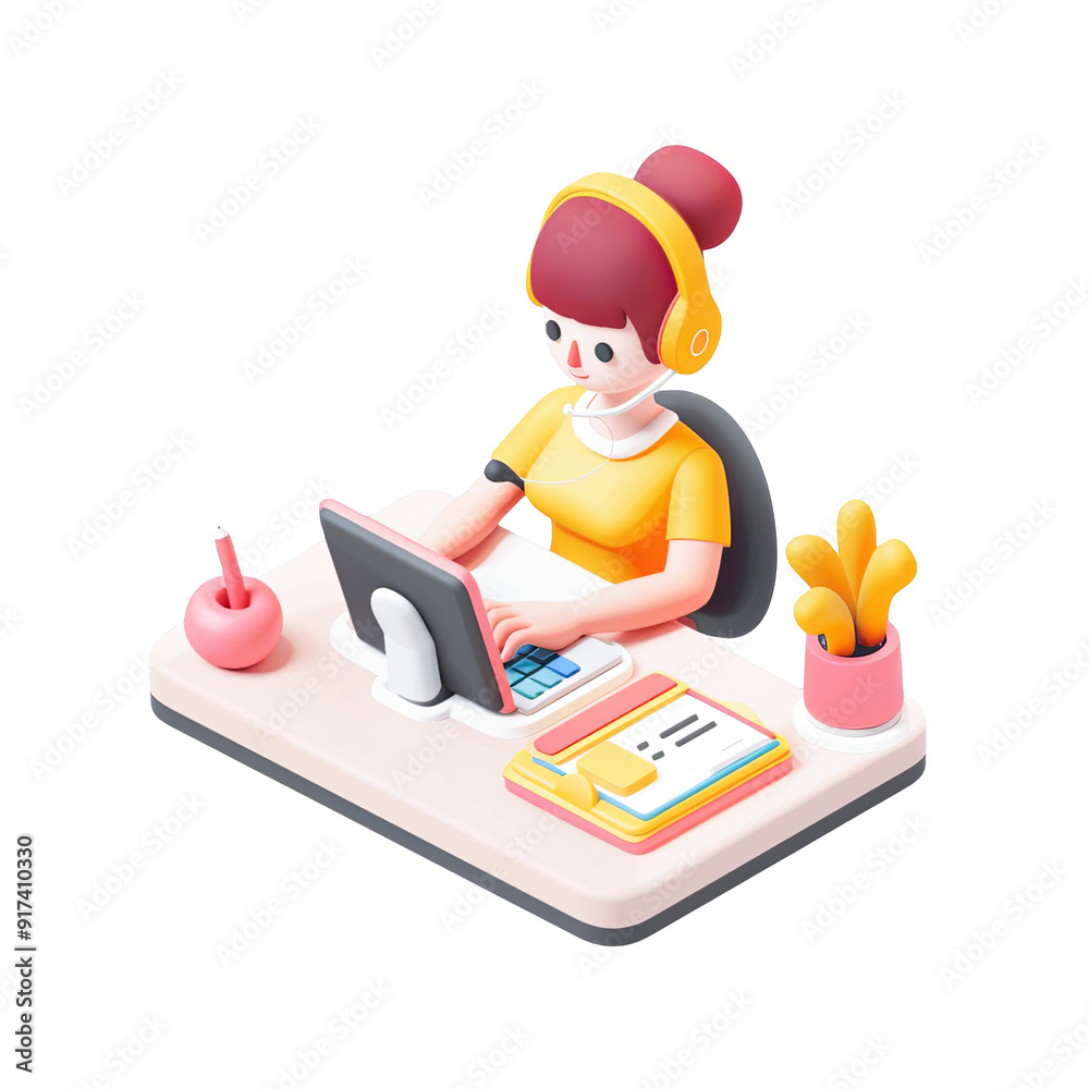 3D Illustration of Young Woman Wearing Headset Working From Home Office Setup with Laptop Computer Desk and Office Supplies Icon PNG Transparent Background Image 3D Illustration of Young Woman Wearing Headset Working From Home Office Setup with Laptop Computer Desk and Office Supplies Icon PNG Transparent Background Image