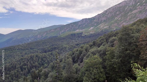 View of green mountains in summer. Viewpoint in the mountains.
