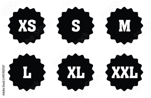 Clothing size vector icons set. Clothes labels s, xs, m, l, xl, xxl. Vector.  literal measurement standard clothing size from big to small s xxxl sticker, vector template label in eps 10.