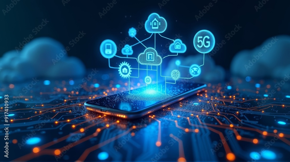 A futuristic representation of cloud computing and 5G technology, with a holographic smartphone interface surrounded by interconnected digital icons and circuits. A futuristic representation of cloud computing and 5G technology, with a holographic smartphone interface surrounded by interconnected digital icons and circuits.