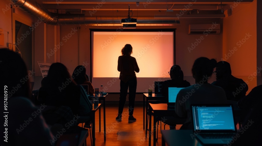 A silhouette of a lecturer presenting in a dimly lit classroom with students focused on laptop screens, creating a scene of digital learning. A silhouette of a lecturer presenting in a dimly lit classroom with students focused on laptop screens, creating a scene of digital learning.