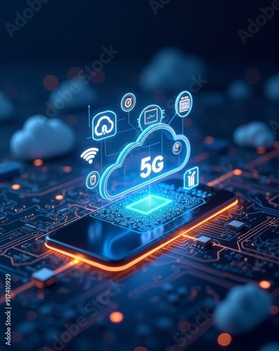 A futuristic representation of cloud computing and 5G technology, with a holographic smartphone interface surrounded by interconnected digital icons and circuits.