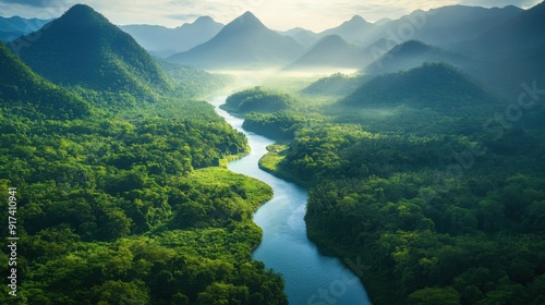 Aerial View of Lush Tropical Landscape with River and Mountains