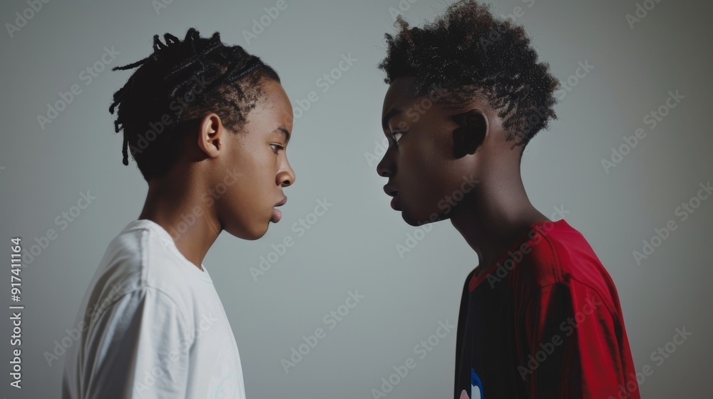 Two kids face each other head-on with serious expressions, possibly in a quiet moment of confrontation or intense conversation. Two kids face each other head-on with serious expressions, possibly in a quiet moment of confrontation or intense conversation.