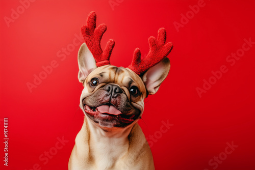 Happy French Bulldog Wearing Red Reindeer Antlers, Festive Christmas Portrait