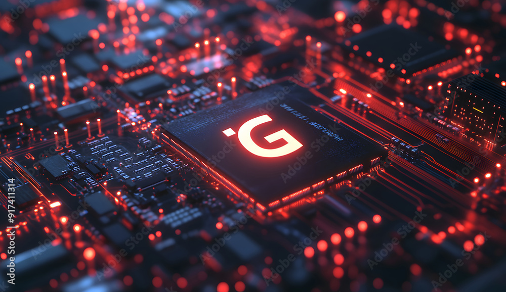 Circuit Board Details with a Prominent 5G icon, Representing Advanced Technology Embedded in the Core of Next-Generation Wireless network design Circuit Board Details with a Prominent 5G icon, Representing Advanced Technology Embedded in the Core of Next-Generation Wireless network design