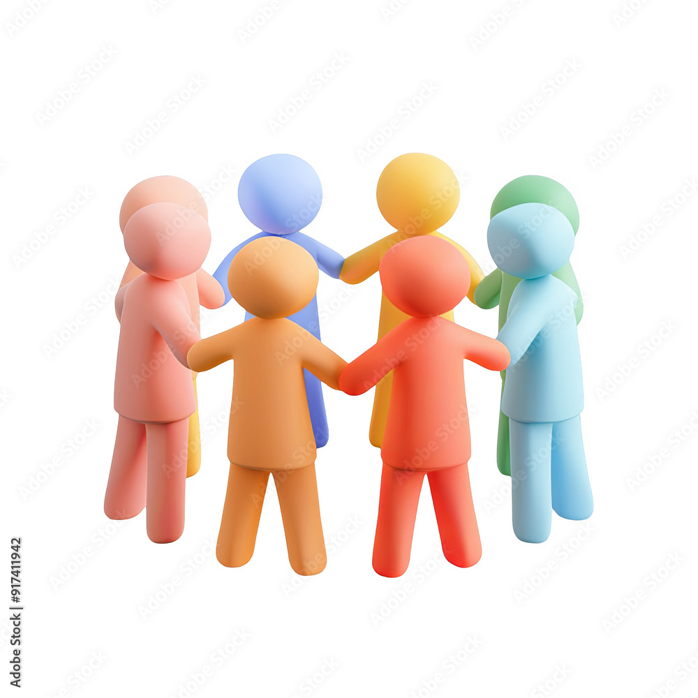 Diverse 3D People Holding Hands in a Circle - Teamwork, Collaboration, and Unity Concept Illustration with Colorful Minimalist Human Figures on a Transparent Background PNG