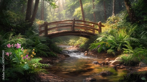 A serene woodland scene with a wooden bridge crossing a babbling brook, surrounded by lush ferns and wildflowers photo