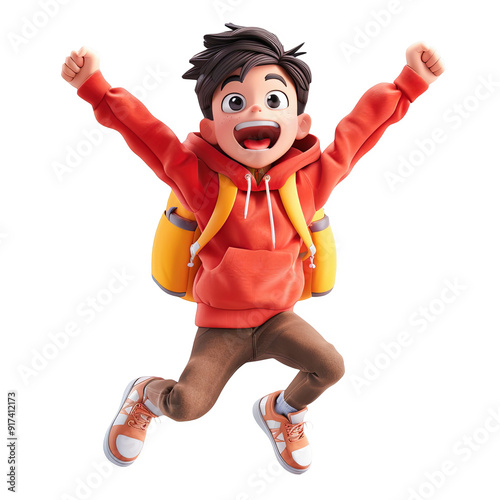 3D Illustration of Happy School Boy Jumping with Joy, Back to School, Education Concept, Isolated on Transparent Background, PNG Format