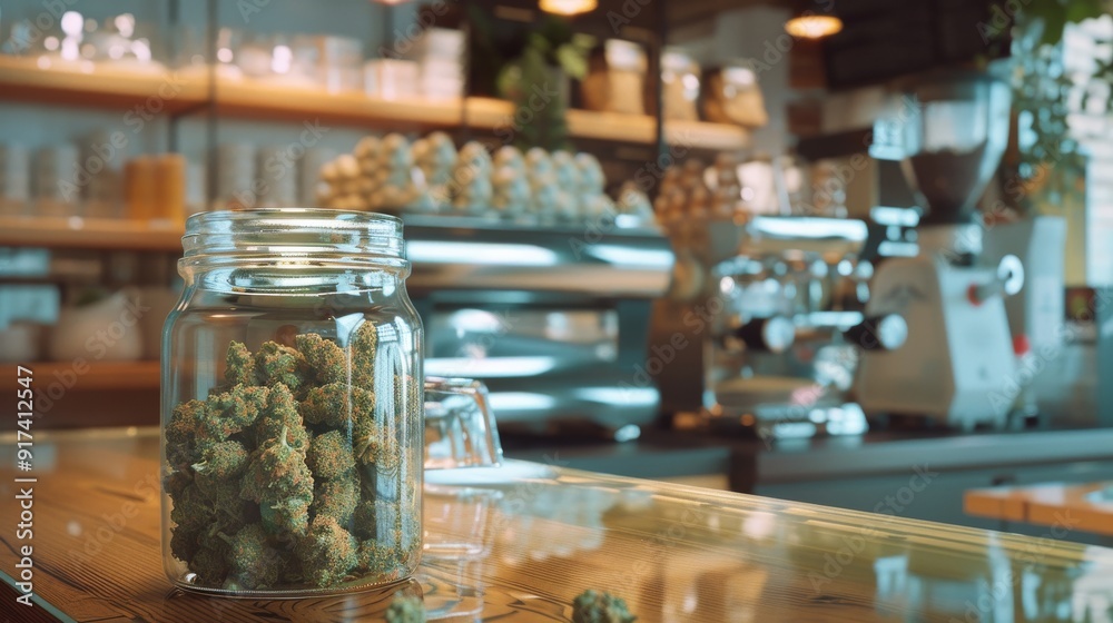 A cozy café, featuring a clear jar filled with cannabis buds on a sunlit wooden counter, offering a welcoming and relaxing atmosphere. A cozy café, featuring a clear jar filled with cannabis buds on a sunlit wooden counter, offering a welcoming and relaxing atmosphere.