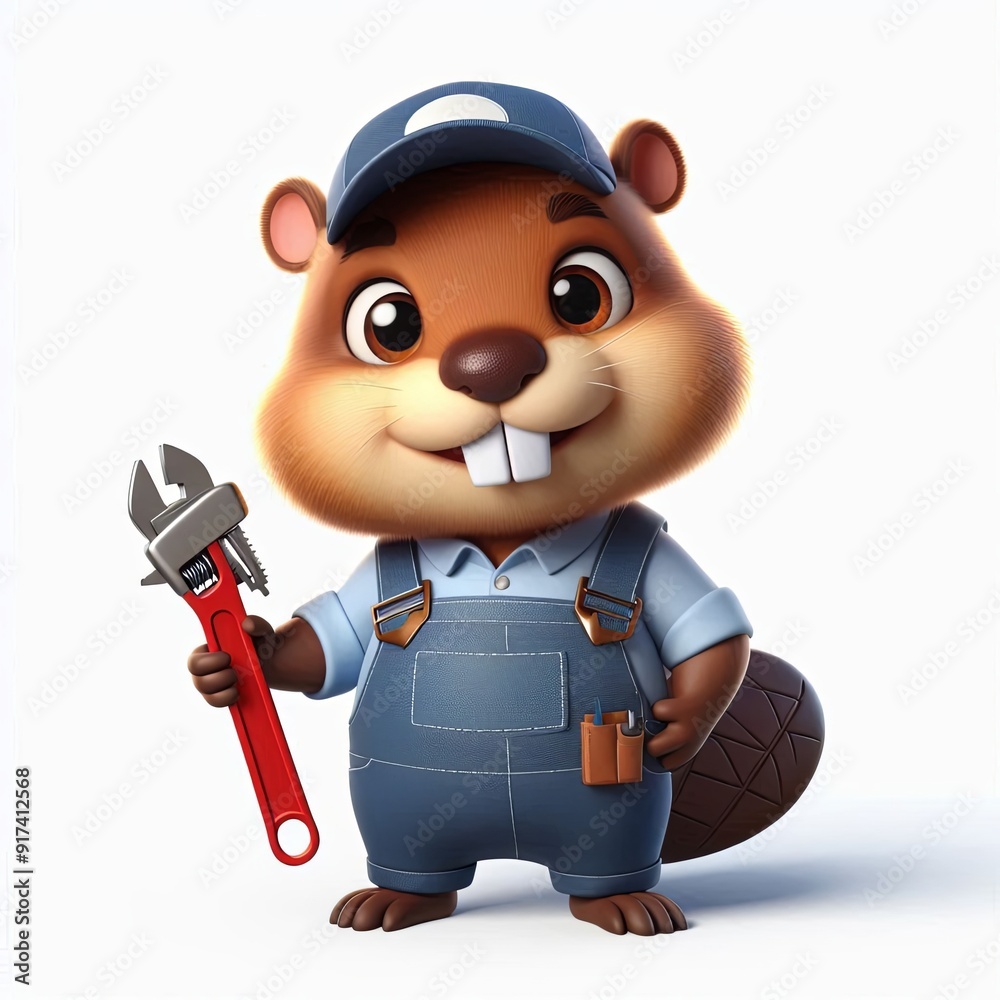 Fototapeta premium Cute beaver Mechanic Cartoon character , 3d Generative aI