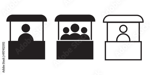 Sales booth icon set. show event ticket window counter vector symbol in black filled and outlined style. information window sign. promo stall icons