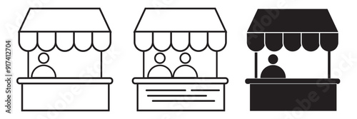 Sales booth icon set. show event ticket window counter vector symbol in black filled and outlined style. information window sign. promo stall icons