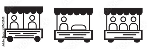 Sales booth icon set. promo information stall with man line sign. show ticket window counter vector symbol.