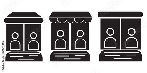 Sales booth icon set. promo information stall with man line sign. show ticket window counter vector symbol.