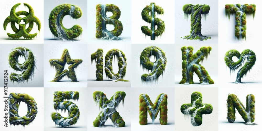 Naklejka premium Grass and moss and water Lettering Typeface. AI generated illustration