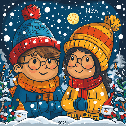 Boy And Girl In Fairy Snow Forest, Merry Christmas Vector Greeting Card