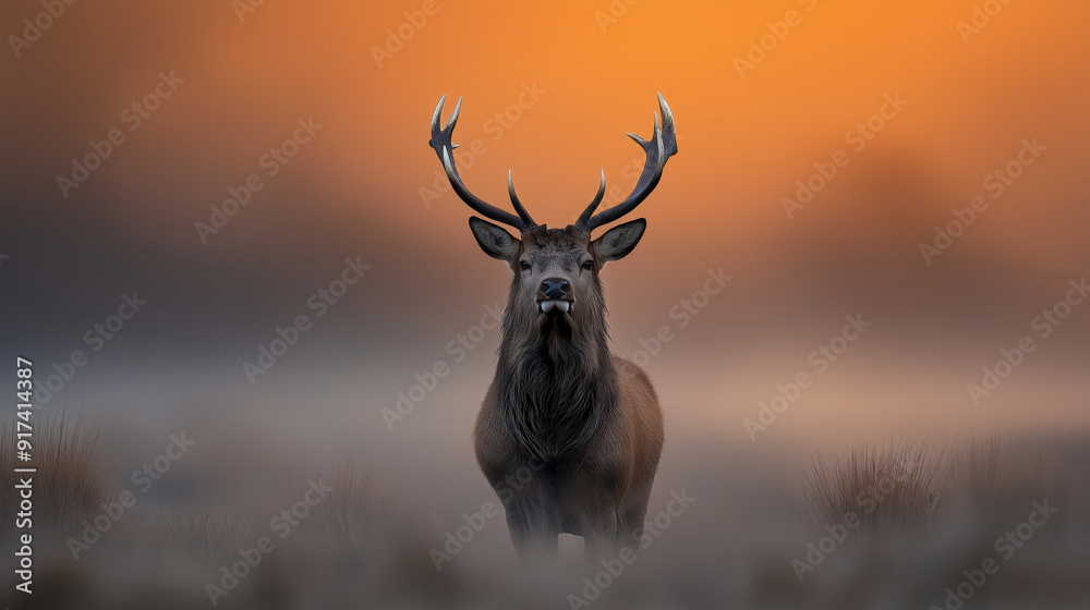 Majestic deer with large antlers standing in a misty field at sunrise, creating a serene atmosphere in the warm morning light Majestic deer with large antlers standing in a misty field at sunrise, creating a serene atmosphere in the warm morning light