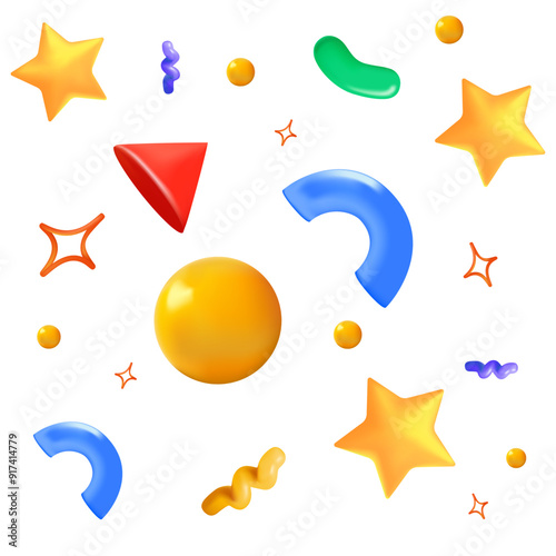 Abstract various bright 3D Party Confetti Cartoon Style Symbol of Surprise Isolated on a White Background. Abstract shapes 3D for web design, advertising banner. Different forms of geometry. Vector