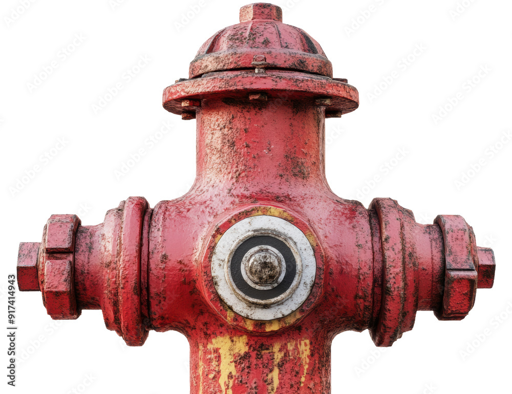 Detailed view of a weathered red fire hydrant, cut out - stock png. Detailed view of a weathered red fire hydrant, cut out - stock png.